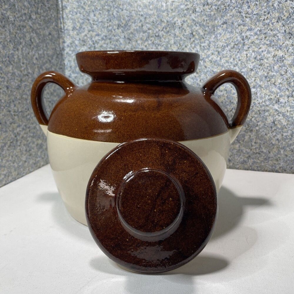 Large Vintage R.R.P. Bean Pot Roseville Pottery Brown Cream Crock Handles EUC